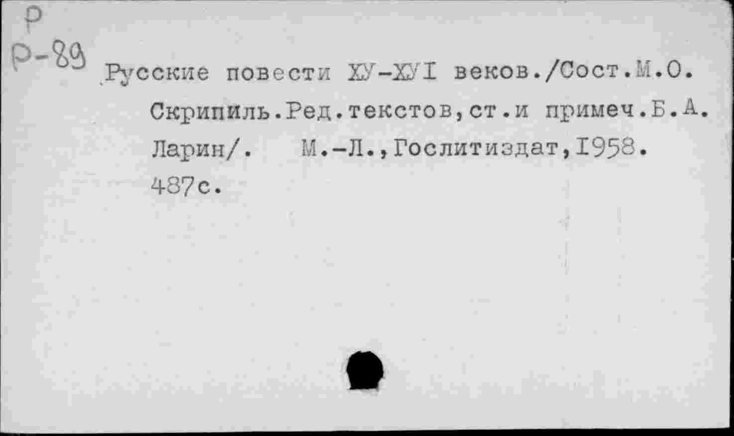 ﻿сские повести ХУ-ХУ1 веков./Сост.М.О.
Скрипиль.Ред.текстов,ст.и примеч.Б.А.
Ларин/. М.-Л.,Гослитиздат,1958»
487 с.